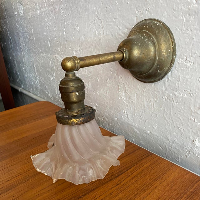 Antique Industrial Brass Wall Sconce With Frosted Ruffle Shade For Sale - Image 9 of 11