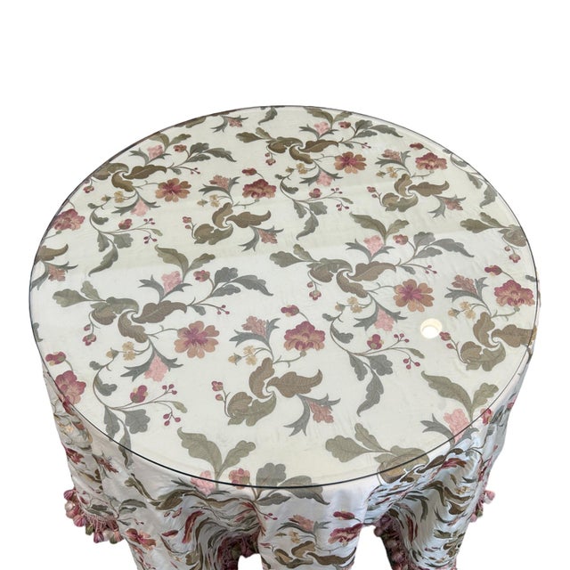 Traditional Round Table With Designer Chinoiserie Silk Embroidered Tablecloth Set With Custom Glass Top For Sale - Image 3 of 7