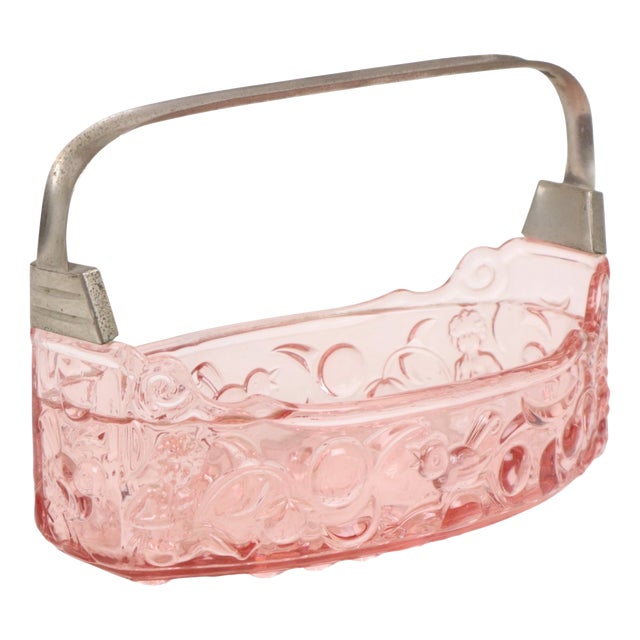 French Pink Depression Glass Jardinière Bowl with Cherubs and Birds For Sale
