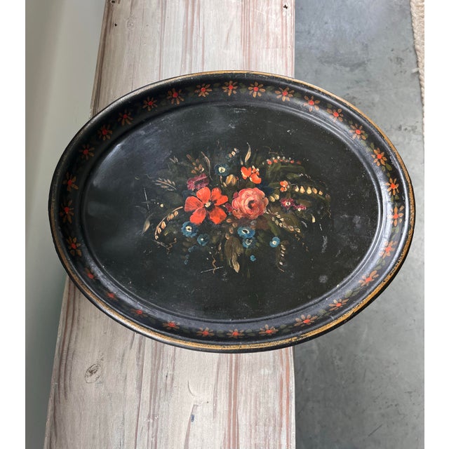 English Antique English Hand-Painted Floral Oval Toleware Tray, Late 19th Century For Sale - Image 3 of 10