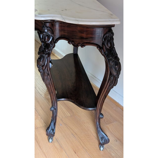 Victorian Antique Mahogany Bombe Marble Top 2-Tiered Console/ Sofa Table For Sale - Image 3 of 12