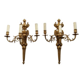 Antique Large 3 Light French Gold Gilt Bronze Pair Wall Sconces Figural Heads With Horn For Sale