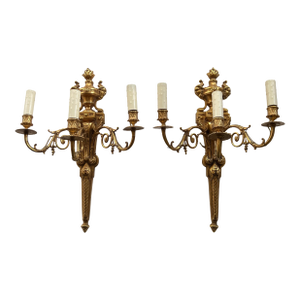 Antique Large 3 Light French Gold Gilt Bronze Pair Wall Sconces Figural Heads With Horn