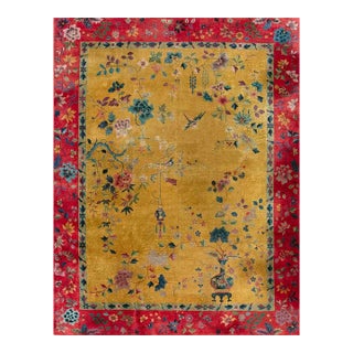 1920s Saffron Yellow Floral Antique Chinese Art Deco Rug 8' 9" X11' 2" Knotted Wool Carpet For Sale