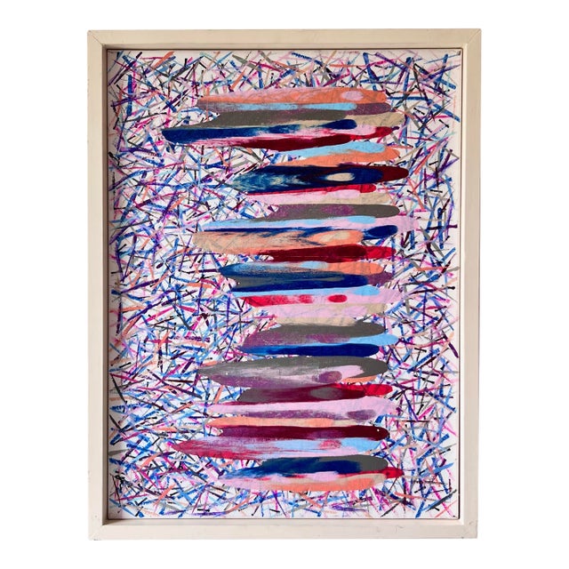 Late 20th Century Vintage Bauhaus Pink and Purple Abstract Confetti Framed Painting For Sale