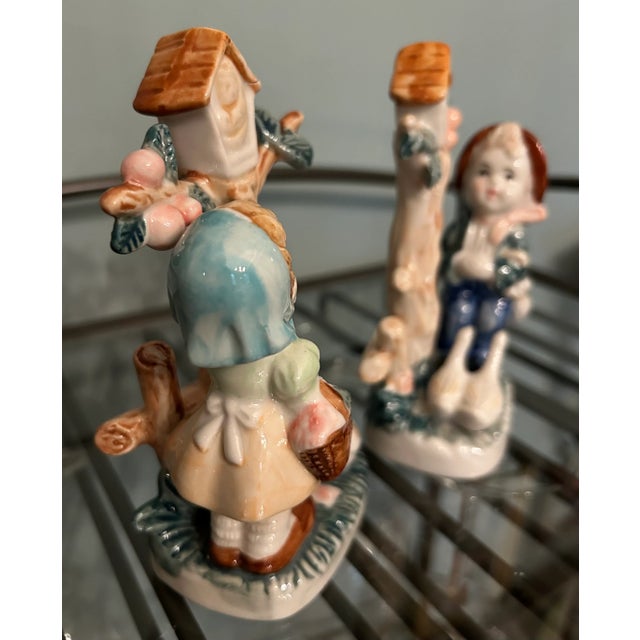 English Lot of Two Vintage Porcelain Figurines Boy and Girl With Trees and Birdhouses For Sale - Image 3 of 5