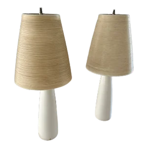 Pair of 1960s Lotte Style Danish Mid-Century Modern Lamps With Original Shades and Finials.