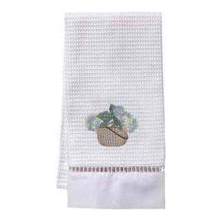 Cream Hydrangea Basket Guest Towel White Waffle Weave, Ladder Lace, Embroidered For Sale