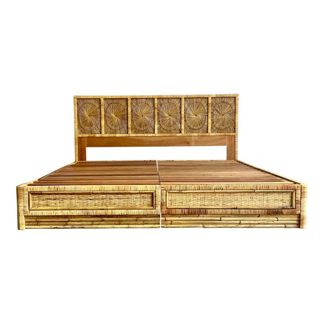 Vintage Coastal Sunburst Rattan King Platform Bed For Sale