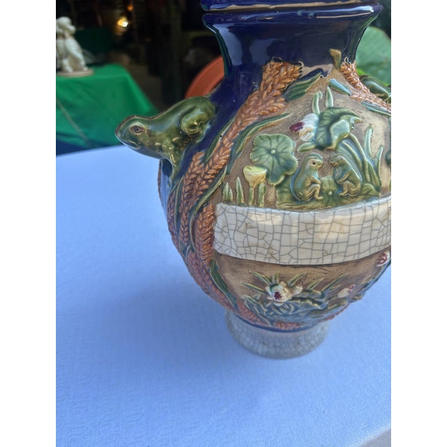 Ceramic Large Ceramic Vintage Jar With Frog Details- Condition Issue For Sale - Image 7 of 8