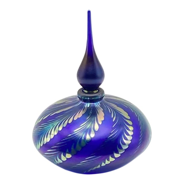 Steven Correia 1987 Pulled Feather Art Glass Perfume Bottle (Cobalt, Signed, Dated) For Sale