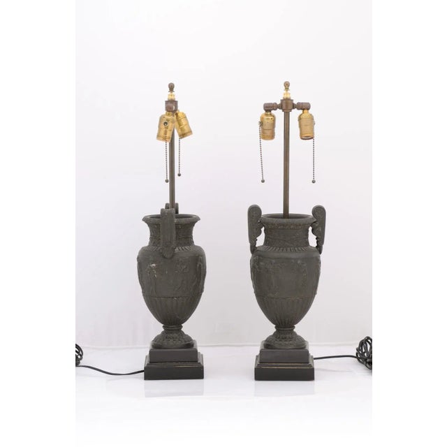 Wood Pair of 1940s French Etruscan Cast Urn Lamps For Sale - Image 7 of 12