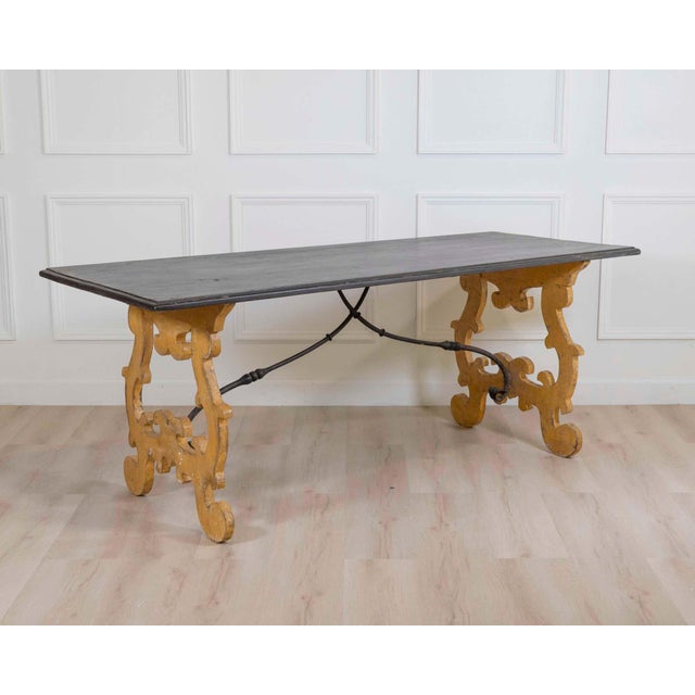 19th Century Large Italian Lacquered Lyre Table in Siena Yellow and Dark Brown For Sale - Image 4 of 8