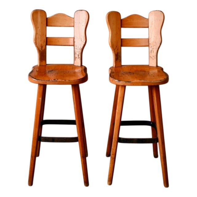 Brutalist Stools in Wood and Wrought Iron, 1970s, Set of 2 For Sale