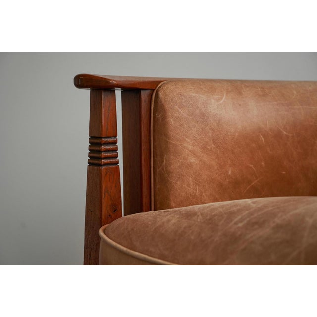 Brown Vintage Art Deco Chair in Oak and Cognac Leather, 1980s For Sale - Image 8 of 14