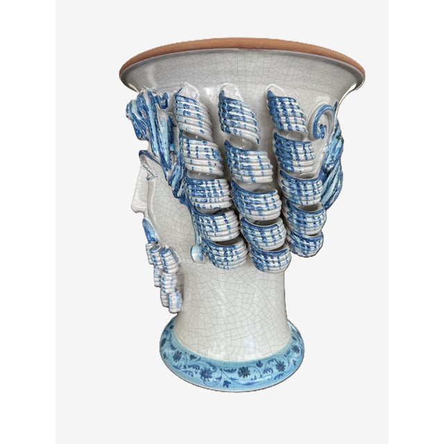 Large Italian Sicilian Moor's Head Ceramic Planter, Blue & White Majolica Style For Sale - Image 4 of 6