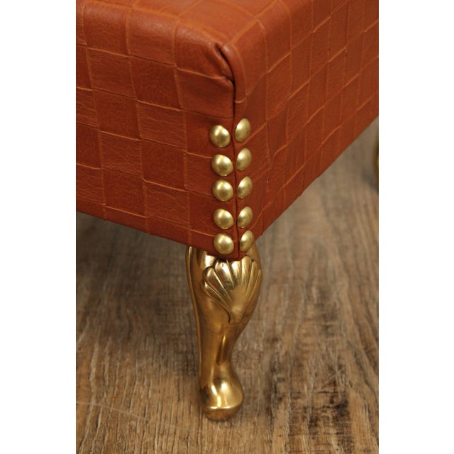 Italian Hollywood Regency Pair of Brass and Leather Foot Stools For Sale - Image 9 of 12