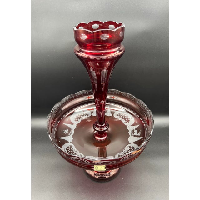 This Bohemian 2 Pc Red Crystal Art Glass Centerpiece Bowl Vase Epergne is a stunning piece of glassware made in the Czech...
