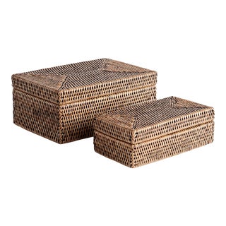 Burma Rattan Rectangular Lidded Boxes, Set Of 2 For Sale