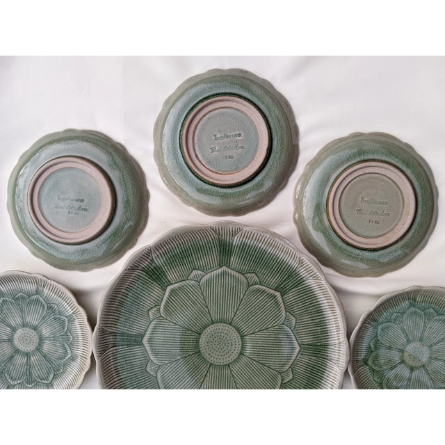 Jade Green Lotus Flower Thai Celadon Stoneware Plates - 9 Pieces For Sale - Image 4 of 12