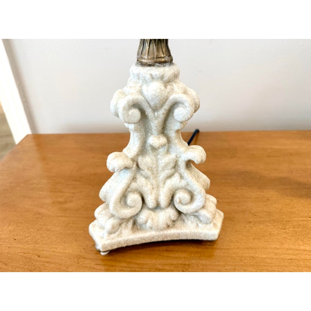 Late 20th Century White Porcelain Buffet Lamps With Silk Shell Shades - a Pair For Sale - Image 4 of 6