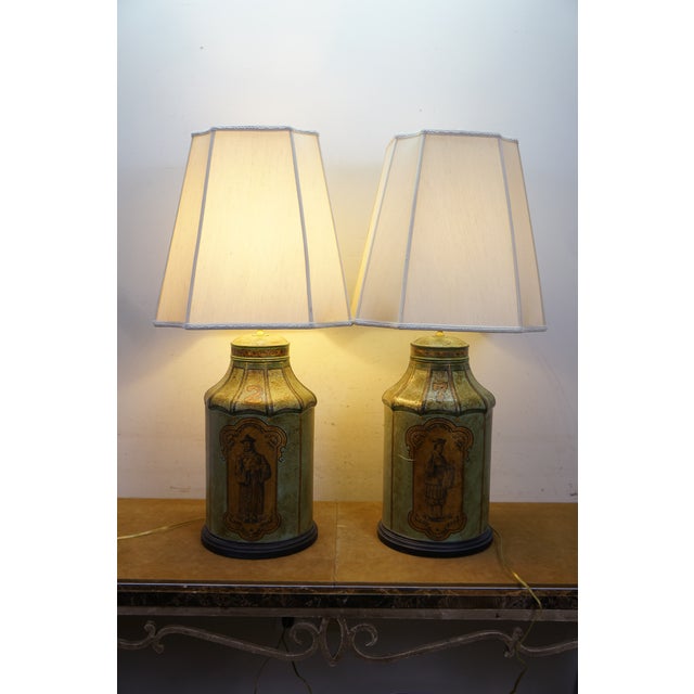 Late 20th Century Chinese Chinoiserie Green Gilt Toleware Tea Canister Caddy Banquet Lamps - a Pair For Sale - Image 13 of 18