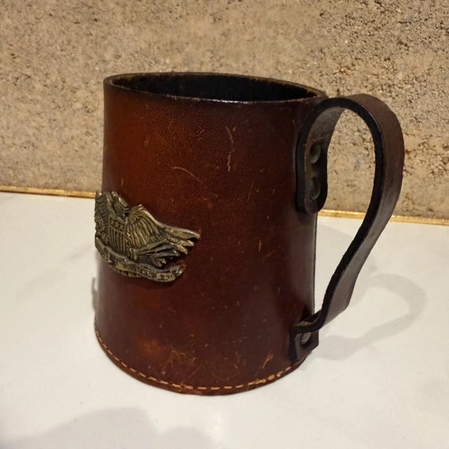 American Vintage Leather Bound Cup Holder Tankard Stein Real Hide England For Sale - Image 3 of 11