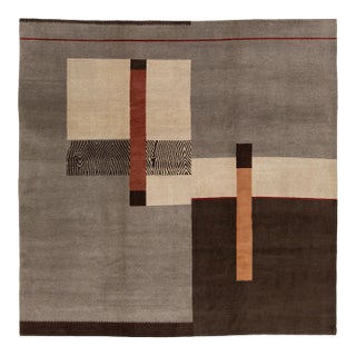 Tibetan Hand-Knotted Wool & Silk Rug Abstract Modern Geometric in Gray and Brown For Sale