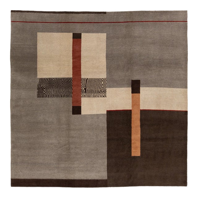 Tibetan Hand-Knotted Wool & Silk Rug Abstract Modern Geometric in Gray and Brown For Sale