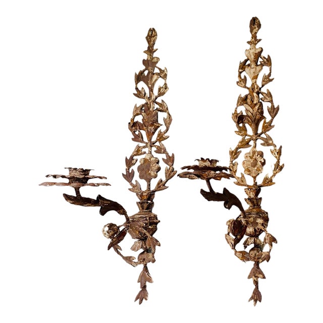 Late 20th Century Vintage French Provincial Iron Botanical Candle Sconces Light With Chippy Paint Finish- A Pair For Sale