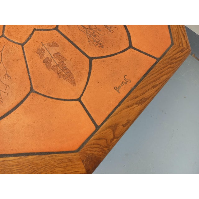 Octagonal Oak Coffee Table from Barrois with Vallauris Ceramic Herbarium Top, 1960s For Sale - Image 9 of 17