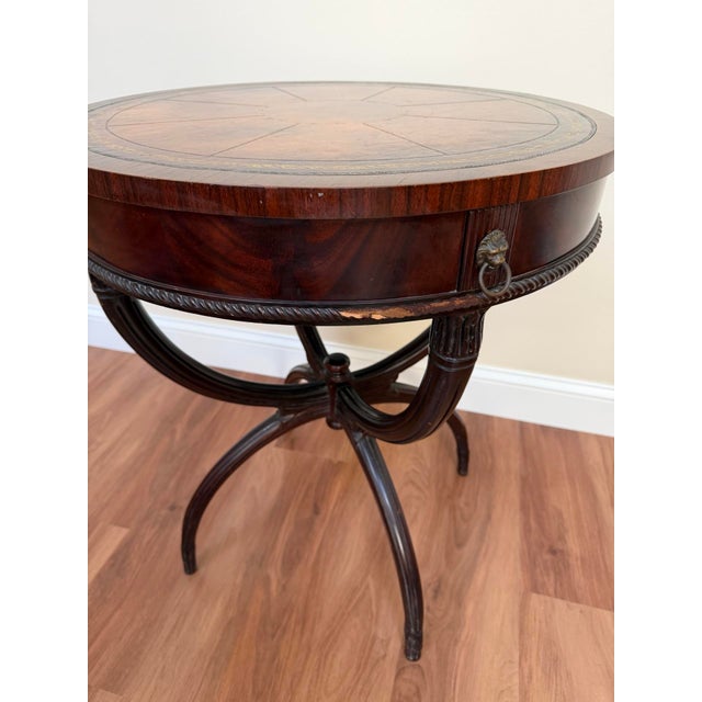 Brown Mid-Century Regency Mahogany Drum Table With Lion Head Pulls For Sale - Image 8 of 16