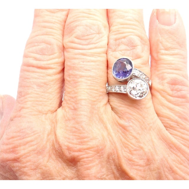 Vintage Estate Platinum Diamond Sapphire Art Deco Crossover Ring, Size 6.5 For Sale - Image 9 of 10