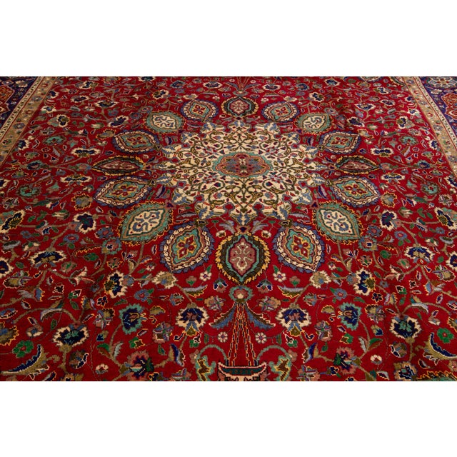 Hand-Knotted Persian Tabriz Vintage Wool Rug in Red With Allover Design For Sale - Image 4 of 7