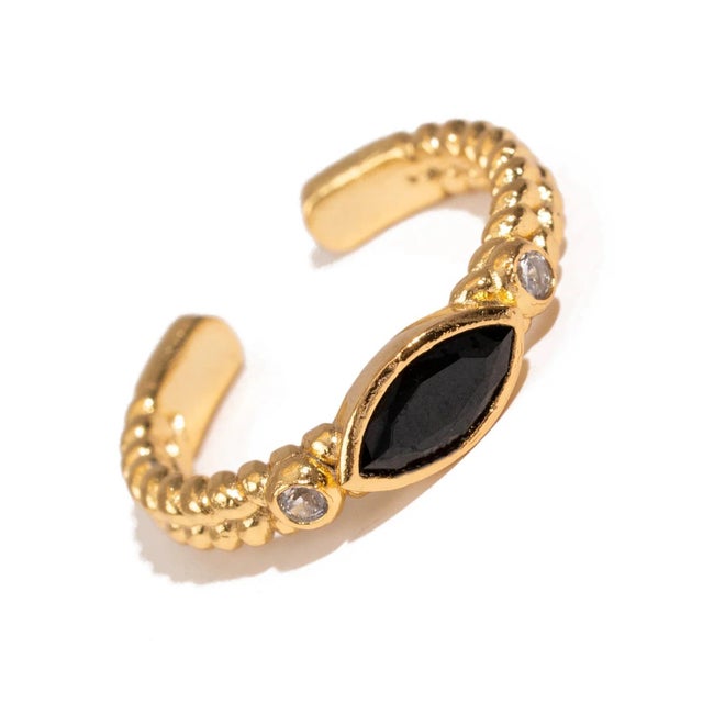 Contemporary Black Onyx Teardrop Gemstone Adjustable Gold Ring, Size 4 For Sale - Image 3 of 7
