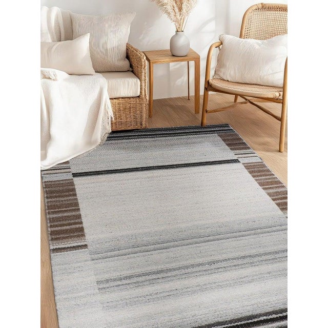 Textile 8x10 Gray Handwoven Wool Viscose Framed Linear Texture Geometric Carpet Rug For Sale - Image 7 of 8