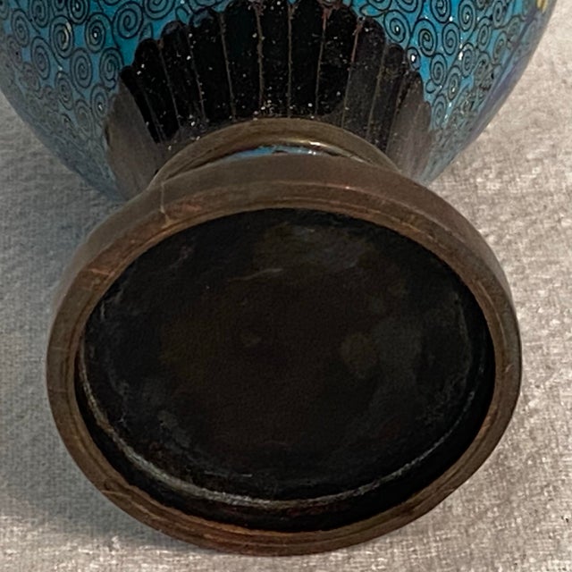 Turquoise Antique Intricate Scroll and Floral Design Chinese Cloisonné Turquoise Vase For Sale - Image 8 of 12