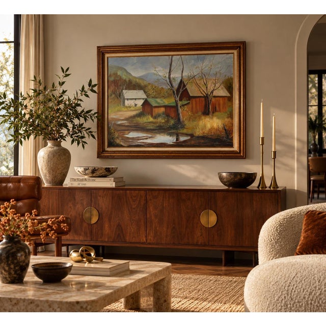 Charming vintage 1970s oil on canvas painting depicting a peaceful rural countryside landscape during the autumn season....
