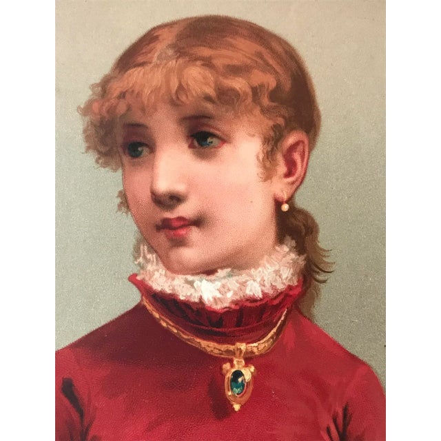 Antique Victorian Portrait of a Girl With and Emerald Necklace Chromolithograph Print Circa 1900 For Sale - Image 4 of 6