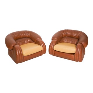 Poltrona Pair of Cognac Leather Lounge Chairs by Giuseppe Munari 1960s Italy For Sale