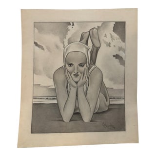 1940s Original Signed Graphite Illustration of Art Deco Swimmer at the Beach, 10¼ × 9 In. For Sale