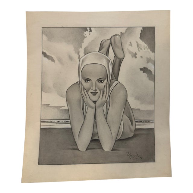 1940s Original Signed Graphite Illustration of Art Deco Swimmer at the Beach, 10¼ × 9 In. For Sale