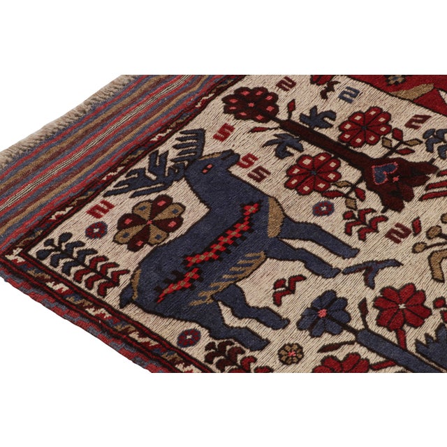 2010s 2010s Rug & Kilim’s Persian Barjasta Style Rug in Beige With Red & Blue Deer Pictorial For Sale - Image 5 of 7