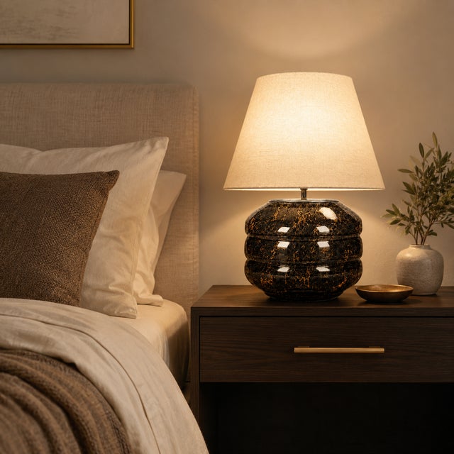 Contemporary Hand-Blown Glass Table Lamp with Linen Shade in Black Marble by Svitanok For Sale - Image 3 of 4