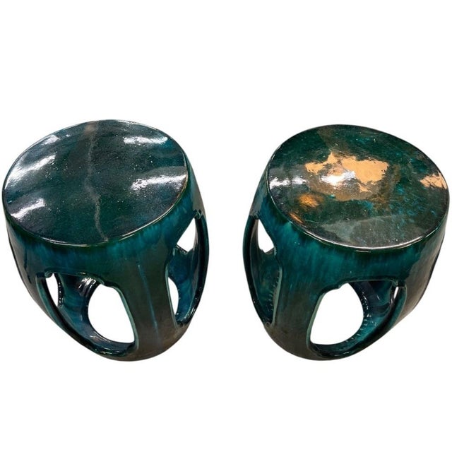 Italian Vintage Italian Teal Ceramic Garden Stools, 2 Pieces For Sale - Image 3 of 12