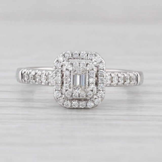 0.42ctw Diamond Halo Engagement Ring 14k White Gold Size 7 Emerald Cut, Size 7 For Sale - Image 4 of 8
