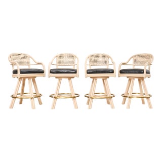Set of Four McGuire Rattan Leather Swivel Bar Stools For Sale