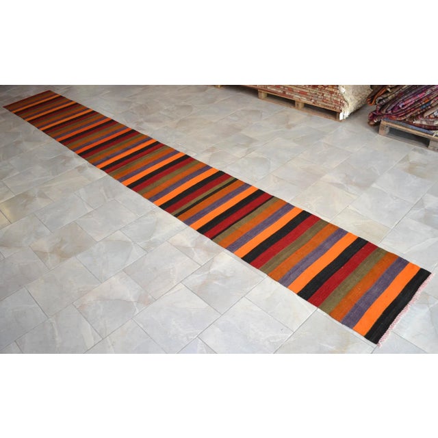 Textile 1970s Flat Weave Runner Rug Turkish Kilim Stair Tread - 2′4″ × 18′10″ For Sale - Image 7 of 16