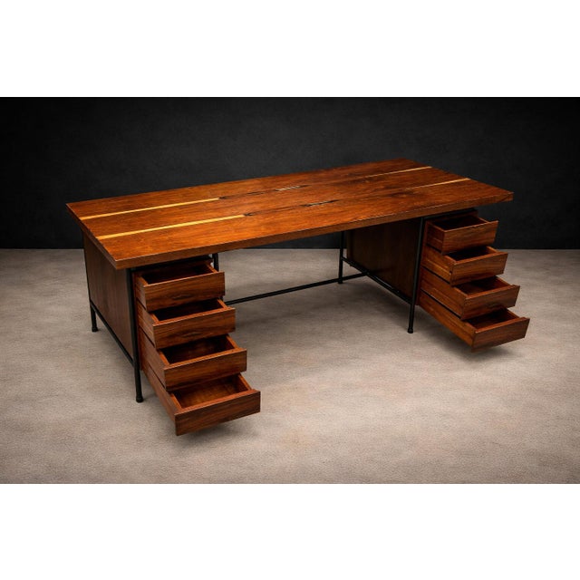 Geraldo de Barros Brazilian Modern Six-Drawer Rosewood & Iron Desk by Geraldo De Barros, Brazil, 1950s For Sale - Image 4 of 15