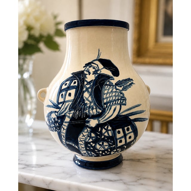 1950s Vintage Japanese Satsuma Style Blue White Samurai Vase Signed Asta Large Hand Painted Ceramic Vase 11.75 Inch Mid Century Decor For Sale - Image 5 of 6